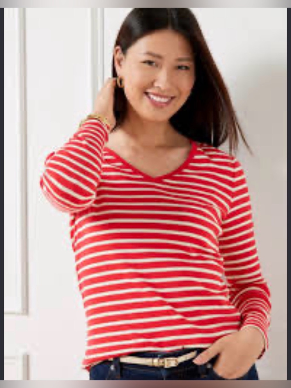 Talbots Women's Metallic V-Neck Adeline Red and White Stripe Tee